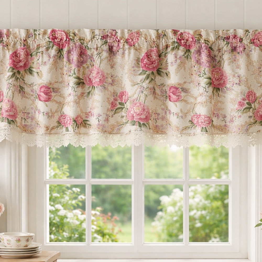 Floral Curtains valance with Pink and Green‎ Accents 60” length 20” width